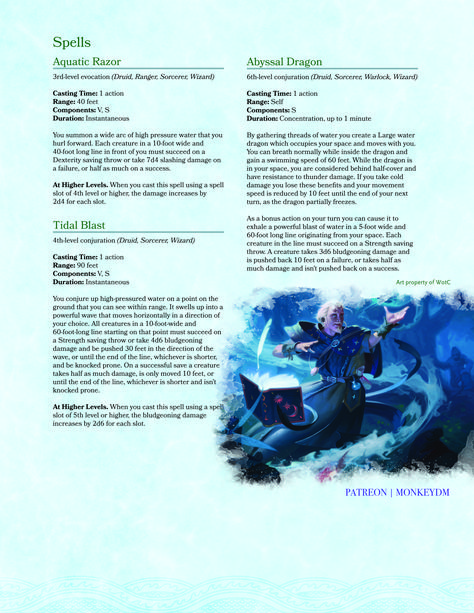 Dnd 5e Homebrew Druid Spells, Water Spells Dnd, Elemental Spells, Homebrew 5e, Homebrew Spells, Dnd Concept, Water Spells, Dnd Spells, Dnd Paladin