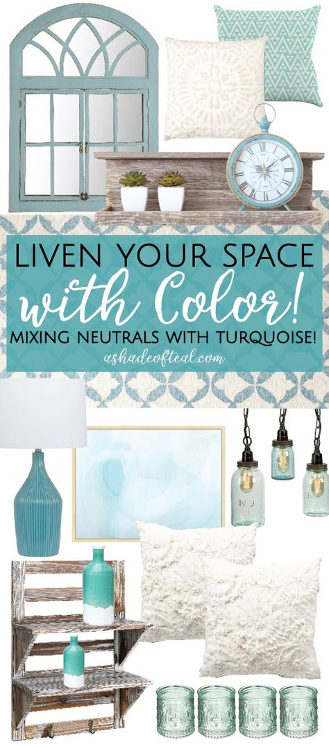 Liven your Space with Color! Mixing Neutrals with Turquoise. Room Decor On A Budget, Chimney Decor, Teal Accent Walls, Turquoise Living Room Decor, Turquoise Home Decor, Living Room Turquoise, Living Room Decor On A Budget, Orange Color Schemes, Teal And Orange