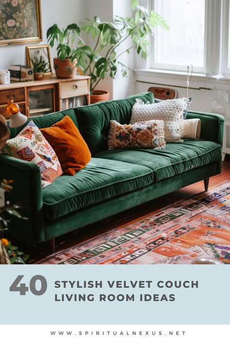 Get inspired by 40 stylish velvet couch living room ideas. From minimalist to eclectic, these designs will elevate your space. #StylishLivingRoom #VelvetCouch #InteriorDesign Green Suede Couch Living Rooms, Green Velvet Home Decor, Green Corduroy Couch Living Room Ideas, Chartreuse Couch Living Room Ideas, Green Linen Sofa Living Room, Eclectic Living Room Green Couch, Cushions For Dark Green Sofa, Brown Emerald Green Living Room, Velvet Green Sofa Living Room Ideas