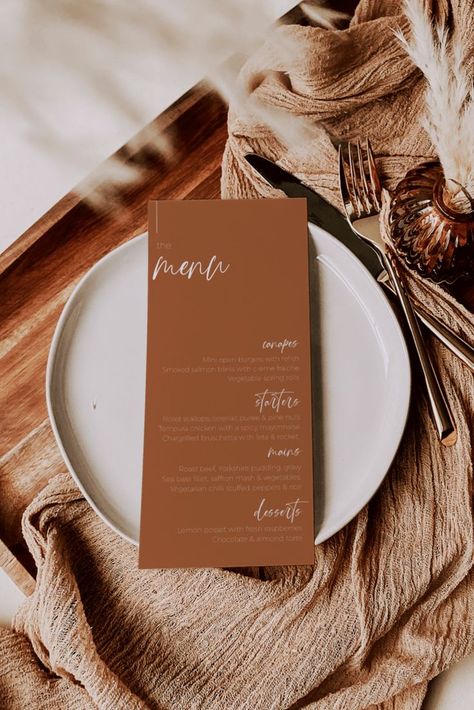 Edit and print your wedding menu effortlessly with this terracotta dinner menu template perfect for a rustic or boho wedding theme.

Boho Wedding | Autumn Wedding | Fall Wedding | Rustic Table Decor | Wedding Menu Card | Wedding Menu Template Burnt Orange Wedding Table, Orange Wedding Table, Minimalist Boho Wedding, Wedding Menu Ideas, Burnt Orange Wedding, Wedding Dinner Menu, Orange Terracotta, Burnt Orange Weddings, Wedding Menu Template