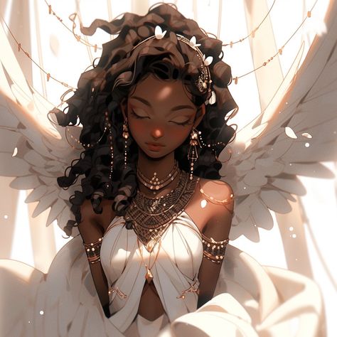 Dark Skin Angel Art, Black Female Angel Art, Black Angel Character Design, Black Angel Drawing, Black Queen Character Design, Black Princess Character Design, Goddess Character Art, Black Women Art Goddesses, Black Woman Angel