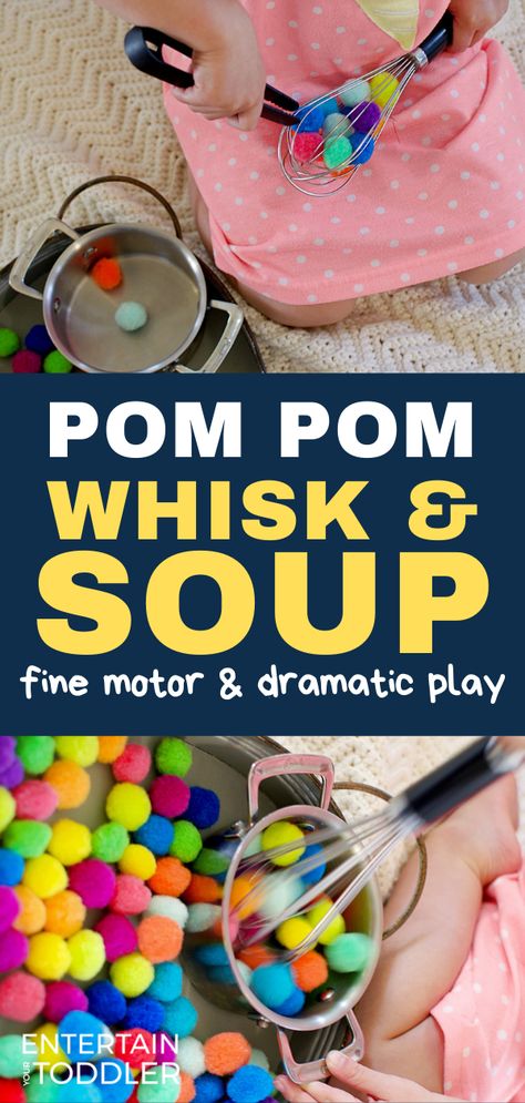 Parenting hack! This simple fine motor activity is easy to set up and fun for toddlers and preschoolers to do. Help kids strengthen hand muscles and develop their fine motor skills for writing with this pom pom whisk and soup activity. Indoor activities with pom poms are so much fun! #finemotorskills #pompoms #learningthroughplay #childhoodunplugged #toddleractivities #activitiesforkids #parenting #indooractivities Activities With Pom Poms, Dramatic Play For Toddlers, Food Activities For Toddlers, Cooking Lesson Plans, Preschool Food, Daycare Lesson Plans, Fun For Toddlers, Cooking Theme, Baking Theme