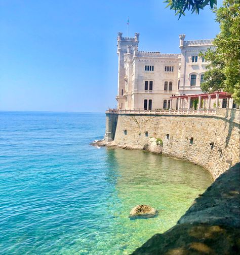 Seaside Castle Aesthetic, Teagan Core, Mediterranean Castle, Mediterranean Palace, Coastal Castle, Ocean Castle, Seaside Castle, Miramare Castle, Beach Castle