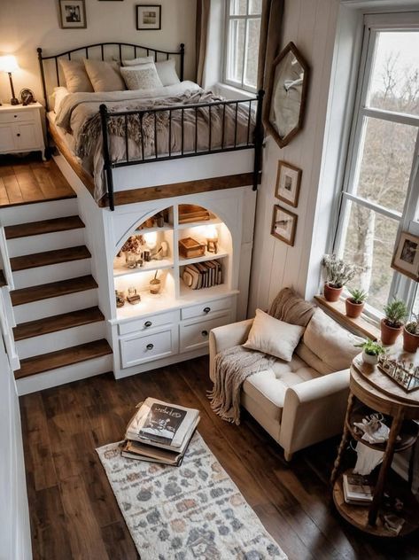 Tiny Home Bedroom Loft, Tiny Homes With 2 Bedrooms, Tiny Cottage Interior Design, Tiny House For Family, Tiny Cottage Interior, Adu Ideas, Design Ložnic, Bahay Kubo, Tiny House Layout