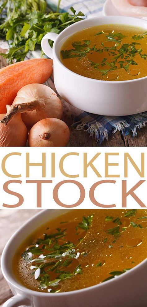 CHICKEN-STOCK. Simple recipe for chicken stock with easy to follow directions. Use Chicken Stock as a base for many soups and sauces. It is the best flavoring! Make Chicken Stock, Chicken Stock Recipe, Stock Recipes, Homemade Chicken Stock, Clean And Delicious, Recipe For Chicken, Cooking Hacks, Soups Stews, Homemade Recipe