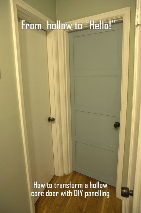 Plain Door To Paneled Door, Old Door Remodel, Add Trim To Hollow Core Door, Painting Hollow Core Doors White, Diy Shaker Doors Interior, Bedroom Door Remodel, Add Trim To Door, Adding Trim To Doors, Door Transformation Diy