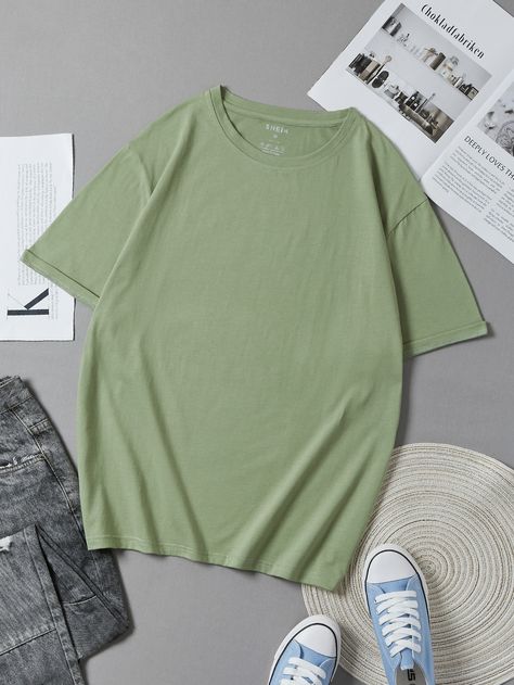 Olive Green Basics  Short Sleeve Cotton Plain  Embellished Slight Stretch Summer Men Tops Solid T Shirt, Plain Tee Shirts, Hype Clothing, Round Neck Tees, Monster Energy, Men Tops, Shirt Mockup, Short Shirts, Dusty Blue