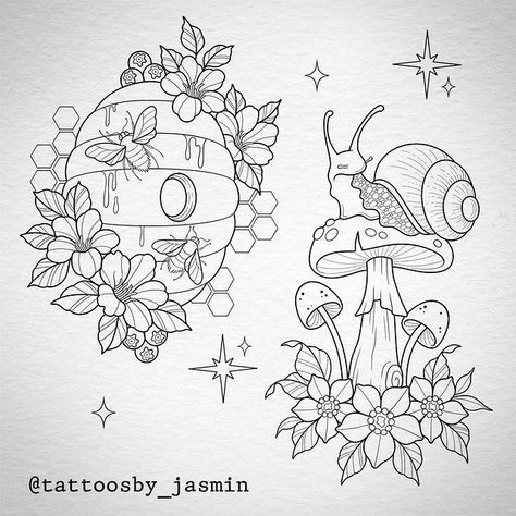 Jasmin marsh (@tattoosby_jasmin) • Instagram photos and videos Woman’s Leg Sleeve Tattoos, Cottagecore Snail Tattoo, Beehive Tattoo Design, Diy Tattoo Design, Cottagecore Tattoo Design, Bee Hive Tattoo Ideas, Snail Tattoo Flash, Flash Tattoo Mushroom, Mushroom Flash Sheet