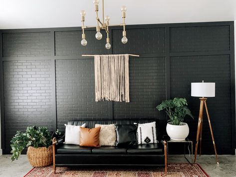 Diy faux brick wall. Board and batten accent painted black. Black Brick Accent Wall, Apartment Room Aesthetic, Turquoise Accent Walls, House Amenities, Rockstar Grunge, Accent Wall Diy, Basement Bar Plans, Barber Shop Ideas, Brick Living Room