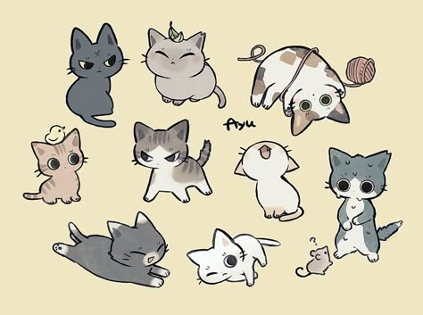 Cute Drawings Cats, How To Draw Cute Cats, Cute Cats Illustration, Chibi Cat Art, Cute Cat Art Kawaii, Cool Cat Drawing, Cat Drawings Cute, Two Cats Drawing, How To Draw A Cat