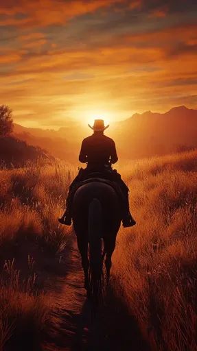 ↑↑↑ Larger size on website 🔸 A lone cowboy rides a horse through a field of tall grass, silhouetted against a fiery sunset. The s Lone Cowboy, Western Sunset, Orange Farm, Fiery Sunset, Bbq Restaurant, A Lone, American West, A Horse, Fall Flowers