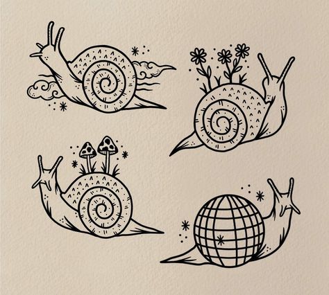 Snail Tattoo Simple Cute, Disco Snail Tattoo, Spiritual Doodles Art Journaling, Doodles Themes, Snail Line Art, Nostalgic Tattoo Ideas, Small Snail Tattoo, Cute Filler Tattoos, Snail Tattoo Ideas