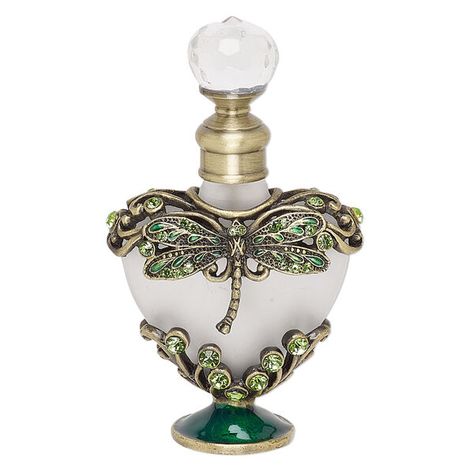 Perfume bottle, glass / frosted glass / enamel / antique brass-finished "pewter" (zinc-based alloy), green and dark green, 3-1/2 x 2 inches with dragonfly, metal dauber and threaded stopper. Sold individually. | Fire Mountain Gems and Beads Ornate Perfume Bottles, Cool Perfume Bottles, Fancy Perfume Bottles, Perfume Package, Pretty Perfume, Painted Bottles, Beautiful Bottles, Pretty Perfume Bottles, Perfume Bottle Art