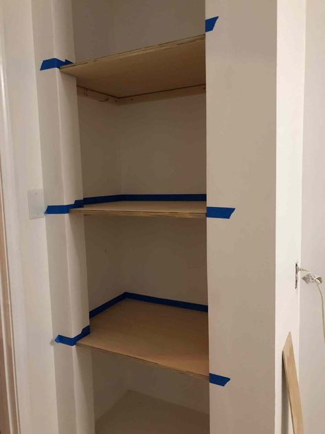 How to Transform a Linen Closet to Open Shelving - House On Longwood Lane Closet Makeover Wallpaper, Small Bathroom Shelf Ideas, Closet To Open Shelving, Small Bathroom Shelf, Closet In Bathroom, Bathroom Shelf Ideas, Linen Closet Shelves, Linen Closet Makeover, Small Linen Closets