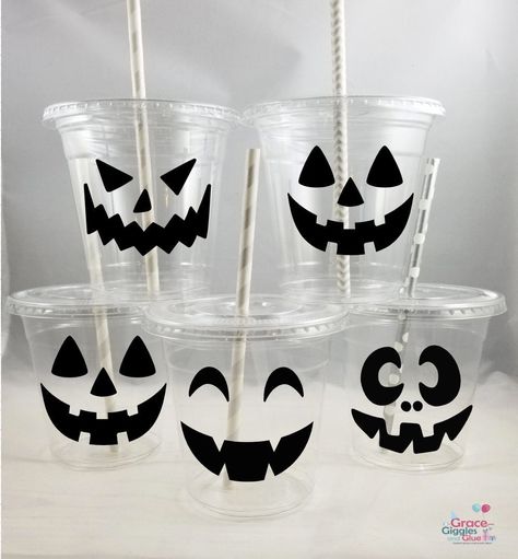 This listing is for (12oz) jack o lantern  themed  party cups.  All designs are waterproof and made of premium vinyl. A personalized 2.5 inch circular sticker can be added to the back of the cup for an upcharge.. Please choose your selection from the drop down below. Colors are customizable.  These are ONE time use disposable cups. Please look in my shop for the matching invitation, cupcake toppers, snack cups and favors! The following matching decor items are available but not pictured. Sample Halloween Cup Decorations, Decorating Plastic Cups, Halloween Party Cups, Halloween Block Party, Superhero Cupcake Toppers, Dulces Halloween, Halloween Week, Halloween Food Treats, Halloween Favors