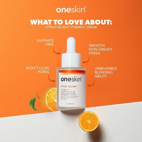 Brighten and even out your skin tone with our natural, active ingredients. Say hello to radiant skin! #vitaminC #citrusdelight #skincareroutine #instadaily #beauty #oneskin #discoversciencethroughnature #oneskinforeveryone #ownyourskin Beauty Creative Ads Design, Product Ads Design Ideas, Testimonial Ad Design, Product Ingredients Design, Cosmetic Branding Design, Skin Care Content Ideas, Product Ads Design Creative, Serum Branding, Aesthetic Skincare Brands