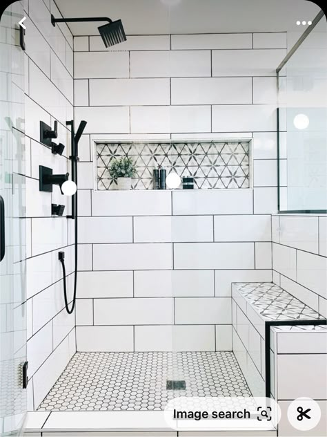 Master Tile Shower With Bench, Shower Pocket Shelf, Shower Tile Bench, Single Shower Tile Ideas, Shower With Shelf In Wall, 4x5 Shower With Bench, Small Tile Shower With Bench, Bathroom Tile Shelf, Bench Shower Ideas