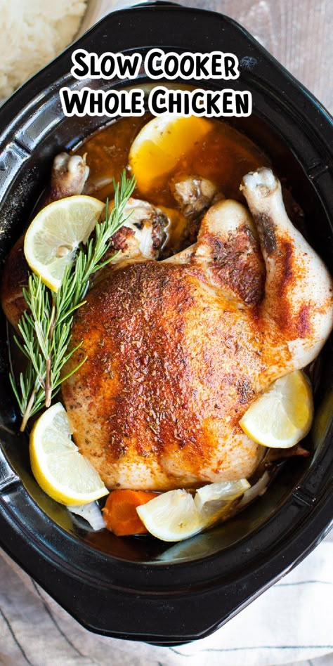 Forget buying a rotisserie chicken and the store and make this simple and chemical-free Slow Cooker Whole Chicken. - The Magical Slow Cooker Slow Cook Whole Chicken, Chicken In Slow Cooker, Slow Cooker Whole Chicken, Cooking Whole Chicken, The Magical Slow Cooker, Whole Chicken Recipes, Slow Cooked Chicken, Slow Cooker Roast, Chicken Slow Cooker Recipes