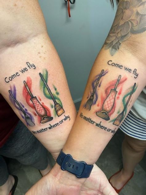 Hocus pocus inspired best friend tattoo Hocus Pocus Best Friend Tattoos, Hocus Pocus Matching Tattoos, Hocus Pocus Broom Tattoo, Creepy Friend Tattoos, Sanderson Sister Tattoo Ideas, Simple Hocus Pocus Tattoo, Matching Halloween Tattoos For Sisters, Matching Horror Tattoos For Best Friends, Matching Halloween Tattoos For Best Friends