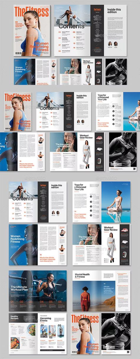 Women's Fitness Magazine Template, Print Templates | GraphicRiver Health Magazine Layout, Contents Layout, Design Maker, Design Editorial, Fitness Magazine, Publication Design, Editorial Layout, Business Card Maker, Magazine Layout