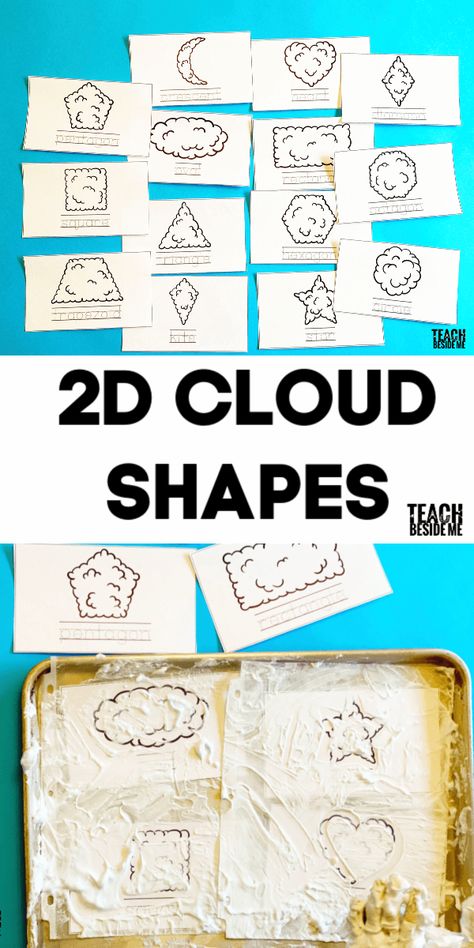 2d Shapes with Clouds~ fun sensory learning with shaving cream! Shape Clouds Preschool, Cloud Lesson Plans Preschool, Cloud Shapes Template, Cloud Activities For Preschool, Clouds Lesson Plan, Clouds Lesson, 2d Shapes Names, Shapes Name, Storybook Crafts