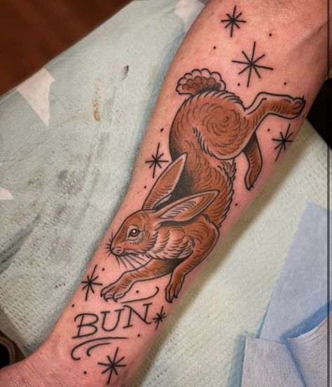 Jack Rabbit Tattoo Traditional, Neo Traditional Rabbit Tattoo, Traditional Hare Tattoo, Traditional Pheasant Tattoo, Rabbit Tattoo Neotraditional, Jumping Rabbit Tattoo, Fox And Rabbit Tattoo, American Traditional Bunny, Hedgerow Tattoo