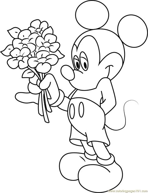 Mickey Mouse Having Flowers in Hand Coloring Page Goofy Mickey Mouse, Disney Halloween Coloring Pages, Easy Steps To Draw, Mouse Artwork, Free Disney Coloring Pages, Mickey Coloring Pages, Mickey Mouse Printables, Halloween Summer, Peppa Pig Colouring