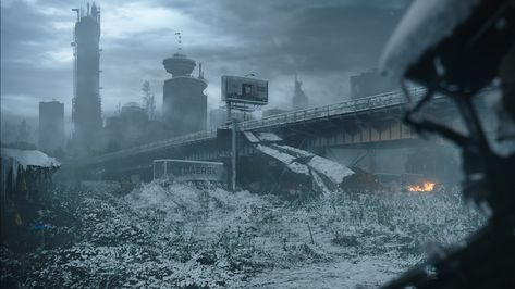 Apocalypse Landscape, Post Apocalyptic City, Dystopian Art, Nuclear Winter, Abandoned City, Apocalypse Aesthetic, Ruined City, Winter City, Cyberpunk City