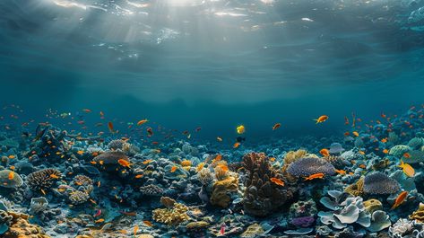 Underwater Coral Paradise: A vibrant underwater scene showcasing a diverse coral reef teeming with colorful marine life. #underwater #coral #reef #marine #life #aiart #aiphoto #stockcake ⬇️ Download and 📝 Prompt 👉 https://ayr.app/l/TV5p Coral Reef Horizontal, Paradise Images, Life Underwater, Underwater Landscape, Underwater Beauty, Underwater Scene, Coral Reef, Creative Words, Landscape Photos