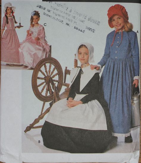 Girls Costumes Pilgrim, Prairie Girl, Marie Antoinette and Maid Simplicity 9708 Size A for S, M, L by strangenotions on Etsy https://www.etsy.com/listing/251384361/girls-costumes-pilgrim-prairie-girl Puritan Dress, Pioneer Costume, Pilgrim Costume, 19th Century Dress, Colonial Dress, Century Dress, Costume Sewing Patterns, Costume Patterns, Simplicity Sewing