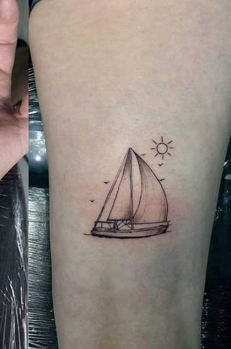 Fishing Boat Tattoo For Women, Cute Boat Tattoo, Minimalist Ship Tattoo, Sailing Tattoos For Women, Boat Tattoo For Women, Sailboat Tattoo Simple, Yacht Tattoo, Hometown Tattoo, Small Travel Tattoos