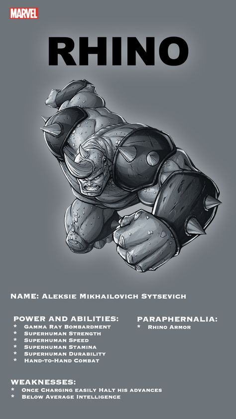 Marvel Rhino, Marvel Names, Character Info, Avengers Earth's Mightiest Heroes, Superhero Facts, Marvel Cards, Marvel Heroines, Marvel Superheroes Art, Comic Book Superheroes