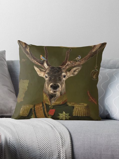 "Heneral Le Cerf" Throw Pillow for Sale by Ron Pagunsan | Redbubble Kids Room Art Prints, Deer Throw Pillows, Ink Drop, Animal Throw Pillows, Head Portrait, Hallway Art, Gold Art Print, Teal Art, Living Room Art Prints