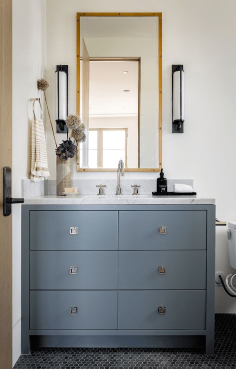 Bathroom Cabinet Color Ideas, Seafoam Cabinets, Painted Bathroom Cabinets, Vanity In Bathroom, Bathroom Cabinet Colors, Cabinet Color Ideas, Grey Bathroom Cabinets, Tranquil Bathroom, Grey And White Wallpaper