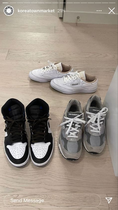 black and white jordan 1s, white jjjjound reeboks, castle rock new balance 990s on light wood floor. screenshot of @koreatownmarket instagram story. Worn Sneakers Aesthetic, Club C, Nike Jordan, Jordan 1, White Sneaker, New Balance, Nike, Sneakers