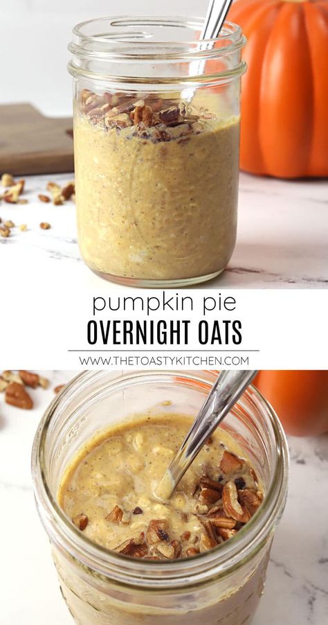 Pumpkin pie overnight oats are an easy, make-ahead breakfast with no cooking involved. This creamy oatmeal recipe includes pumpkin puree, fall spices, and maple syrup - flavors reminiscent of your favorite fall dessert! Vata Breakfast, Overnight Oats Healthy Recipe, Recipe With Chia Seeds, Pumpkin Pie Overnight Oats, Pumpkin Overnight Oats, Pumpkin Breakfast, Overnight Oats Healthy, Vegetables Recipes, Pumpkin Spice Syrup