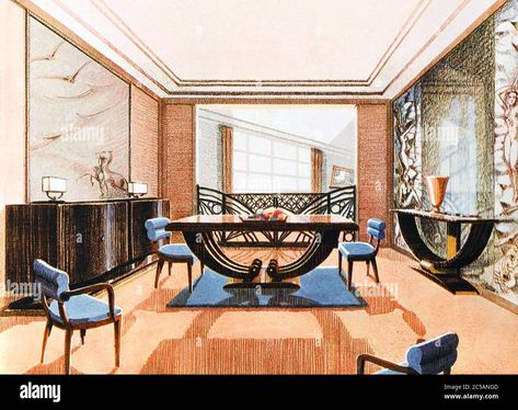 Download this stock image: ART DECO DINING ROOM DESIGN 1933 - 2C5ANGD from Alamy's library of millions of high resolution stock photos, illustrations and vectors. Gallery Wall Items, Deco Dining Room, Baby Nursery Wallpaper, New Baby Pictures, Cheap Canvas Prints, Vintage Baby Nursery, Art Deco Dining Room, Kindergarten Wallpaper, Cheap Canvas