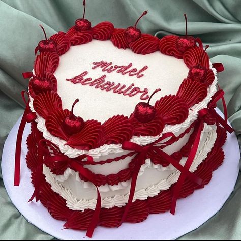 18th Birthday Cake Red And White, Red And White Cake Aesthetic, Aesthetic Red Birthday Cake, Red Cake Birthday Aesthetic, Red And Black Cake Design, 22nd Birthday Ideas Red, Cherry Cake Ideas, Red Heart Cake Design, Red And Black Vintage Cake