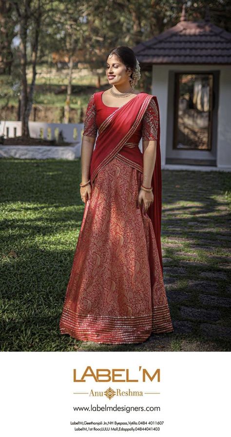 Brocade Half Saree, Dhawani Designs Kerala Wedding, Simple Dhavani, Davani Half Saree Kerala, Pattu Pavada Women, Kerala Dhavani, Dhavani Designs, Kerala Engagement Dress, Long Skirt Top Designs