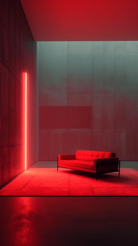 A brutalist-style room has only one red neon light. This is an architectural AI artwork made with Midjourney. Neon Brutalism, Red Room Background, Club Lights Aesthetic, Neon Lights Living Room, Neon Architecture, Cyberpunk Interior Design, Brutalism Interior, Cyberpunk Interior, Minimalistic Room