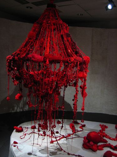 Yarn Chandelier, Paper Chandelier, Red Chandelier, Wood Chandelier, Diy Chandelier, Sculpture Installation, Soft Sculpture, Stage Design, Lampshades