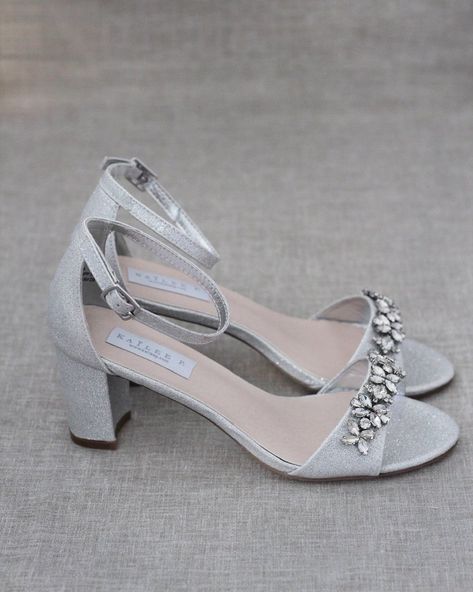 SILVER Shimmer Low Block Heel Sandals with Embellished Rhinestones #shopkaileep #womenblockheelsandals #weddingsandal #bridalheelshoes Shoes For Brides, Bridesmaids Heels, Low Block Heel Sandal, Silver Wedding Shoes, Girls High Heels, Bridal Sandals, Bridal Heels, Wedding Shoes Heels, Everyday Hacks