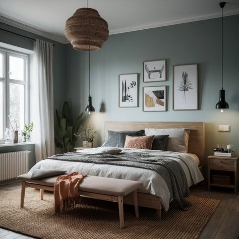 Sophisticated Scandinavian design to brighten up your space 🌿 🤍 Which element do you love most about this style? #interiordesign #scandinaviandesign #scandinavianstyle #design #scandinavianinterior #InteriorDesigner Cozy Scandinavian Bedroom, Scandinavian Blue, Scandi Bedroom, Scandinavian Bedroom, Blue Room, Blue Rooms, Blue Bedroom, New Home Designs, Scandinavian Interior