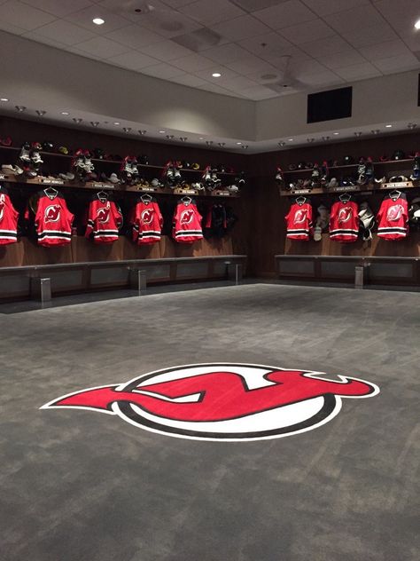 New Jersey Devils Locker Room Nhl Locker Room, New Jersey Devils Hockey, Nj Devils Aesthetic, New Jersey Devils Aesthetic, Nj Devils Wallpaper, New Jersey Devils Wallpaper, Hockey Locker Room, Team Locker Room, Sports Training Facility