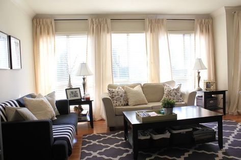 curtains for 3 windows together | ... have four panels hanging along the row of windows in our living room 3 Windows In A Row, 3 Window Curtains, Window Curtains Living Room, Interesting Interiors, Bedroom Blinds, Casement Window, Window Treatments Living Room, Dark Bedroom, House Blinds