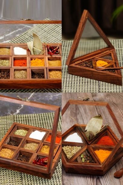 Wooden Spice Box Online Wood Box Design, Masala Dabba, Wooden Lamps Design, Bohemian House Decor, Wooden Kitchenware, Spice Organizer, Wooden Tea Box, Wooden Containers, Wood Craft Patterns