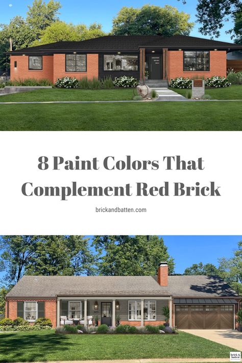 Red brick is far from one note — it has variations in shades, undertones, and busyness — and paint colors that complement red brick also encompass a broad spectrum. Check out some of our favorite paint colors to pair with red brick at the link in our bio. #brickandbatten #brickhouse Window Color For Red Brick House, Brick Ranch Exterior Color Schemes, Red Brick House Brown Roof, What Color Goes With Red Brick House, Mid Century Modern Exterior Paint Colors With Red Brick, Red Brick House With Gray Trim, Paint Colors To Match Red Brick, Best Accent Colors For Orange Brick, Trim Colors For Red Brick House Ranch