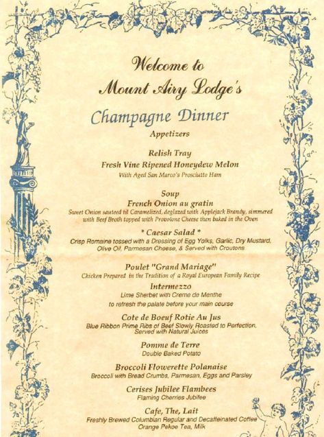 Mount Airy Lodge, Champagne Dinner, Bohemian Restaurant, Poconos Resort, Lime Sherbet, Menu Layout, Little Cottages, Pocono Mountains, Mount Airy