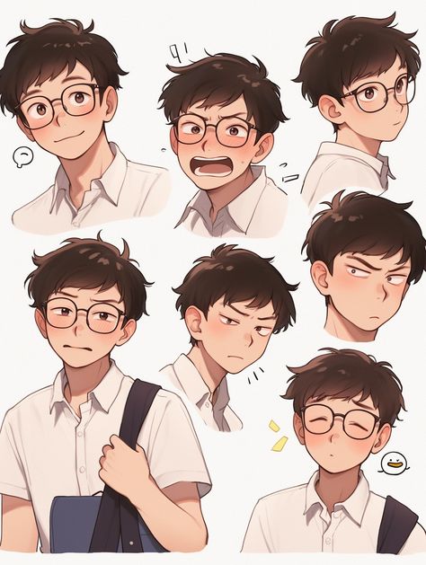 Face To Face Reference, Nerdy Guy Character Design, Sketch Book Character Design, Asian Oc Drawing, Cheerful Character Design, Art Face Expressions, Male Facial Expressions Reference, Background Character Design, Graphic Novel Character Design