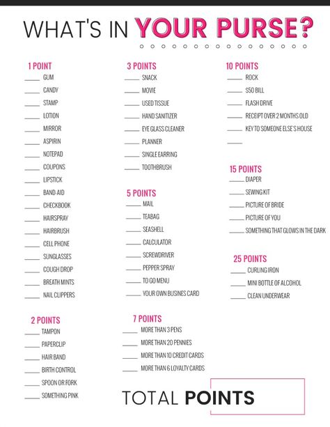 Bridal Shower Game Free Printable What's In Your Purse Bridal Shower Game Printable Bridal Shower Games Free, Bridal Shower Games Free Printables, Bridal Shower Games Prizes, Bridal Shower Games Funny, What's In My Purse, Fun Bridal Shower Games, Couples Bridal Shower, Purse Game, Bridal Games